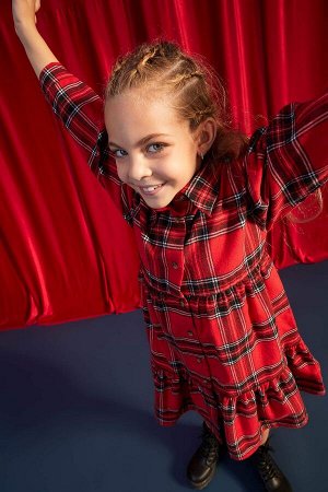 DEFACTO Платье-рубашка из фланели с длинными рукавами и воротником-стойкой для девочек с рождественской тематикой