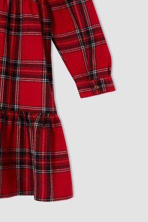 DEFACTO Платье-рубашка из фланели с длинными рукавами и воротником-стойкой для девочек с рождественской тематикой