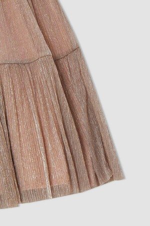 DEFACTO Платье для девочек с круглым вырезом и длинными рукавами-фонариками из блестящего тюля на подкладке из чесаного хлопка