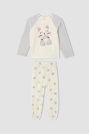 Плюшевый пижамный комплект с длинным рукавом и принтом кота для девочки