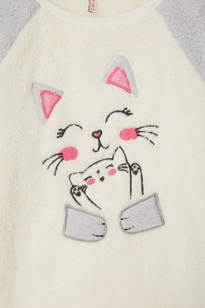 Плюшевый пижамный комплект с длинным рукавом и принтом кота для девочки