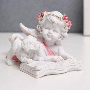 Сувенир полистоун "Белоснежный ангел в розовом венке, читает с щенком" 5,7х11х5,7 см