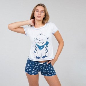 Комплект женский (футболка, шорты) Бонифаций, цвет белый и синий, размер 48