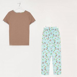 Пижама женская (футболка, брюки), цвет какао/бежевые, принт совы, размер 52