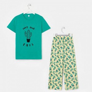 Комплект женская (футболка, брюки), цвет изумрудный/кактусы, размер 42