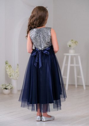 Платье из креп-сатина, комбинированное, цвет т.синий