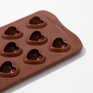 Форма для шоколада Доляна «Сердечки», силикон, 21x10,5x1,5 см, 12 ячеек, цвет коричневый