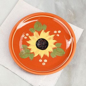 Тарелка "Подсолнух", роспись, глазурь, красная глина, 23 см