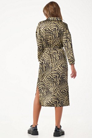 Платье-рубашка миди с поясом "леопард" на оливковом