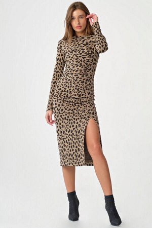 Платье облегающее миди с разрезом по ноге леопард на бежевом