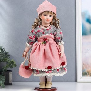 Кукла коллекционная керамика "Кристина в розово-сером платье с цветами, с сумкой" 40 см