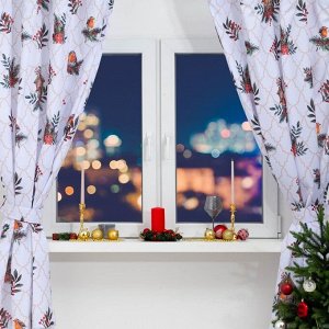 Новогодний комплект штор для кухни с подхватами "Beautiful birds" 145х180см-2 шт., габардин