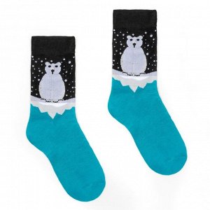 Носки новогодние «Белый мишка на льдине», цвет голубой/чёрный, р-р 23-25 (р-р обуви 36-40)