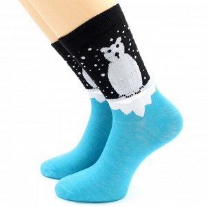 Носки новогодние «Белый мишка на льдине», цвет голубой/чёрный, р-р 23-25 (р-р обуви 36-40)