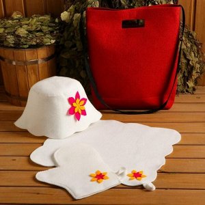 Набор банный портфель сумка красная шапка,коврик,рукавица "Цветочек"