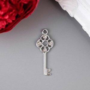 Декор для творчества металл, стразы "Ключ из сердец" серебро 3,8х1,4 см