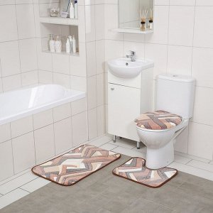 Набор ковриков для ванны и туалета Доляна «Геометрия», 3 шт: 35x39, 40x50, 50x80 см, цвет коричневый