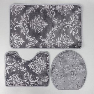 Набор ковриков для ванны и туалета Доляна «Грация», 3 шт: 50x80, 50x40, 45x40 см, цвет серый