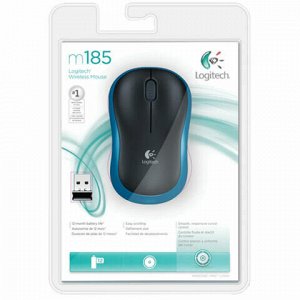 Мышь беспроводная LOGITECH M185, 2 кнопки + 1 колесо-кнопка, оптическая, черно-синяя, 910-002239