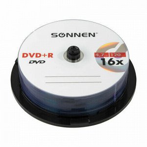 Диски DVD+R SONNEN, 4,7 Gb, 16x, Cake Box (упаковка на шпиле), КОМПЛЕКТ 25 шт., 513532