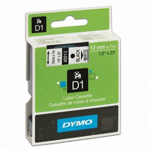 Картридж для принтеров этикеток DYMO D1, 12 мм х 7 м, лента пластиковая, чёрный шрифт, белый фон, S0720530