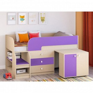 Детская кровать-чердак «Астра 9 V7», выдвижной стол, цвет дуб молочный/фиолетовый