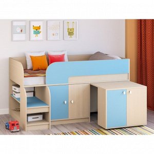 Детская кровать-чердак «Астра 9 V8», выдвижной стол, цвет дуб молочный/голубой