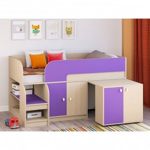 Детская кровать-чердак «Астра 9 V8», выдвижной стол, цвет дуб молочный/фиолетовый