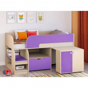 Детская кровать-чердак «Астра 9 V9», выдвижной стол, цвет дуб молочный/фиолетовый