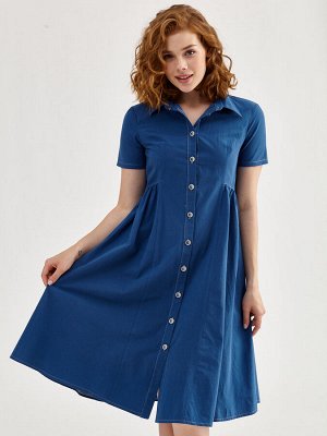 Платье хлопок od-284-4 со сборкой по талии воротник стойка синий
