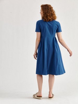 Платье хлопок od-284-4 со сборкой по талии воротник стойка синий