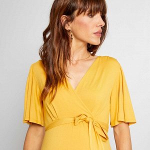 Трикотажное платье с запахом для беременных - желтый