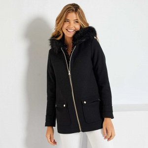 Пальто с капюшоном из материала под шерсть - черный