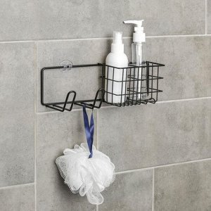 Полка на липучке с держателем для фена, 27x8x8 см, цвет чёрный