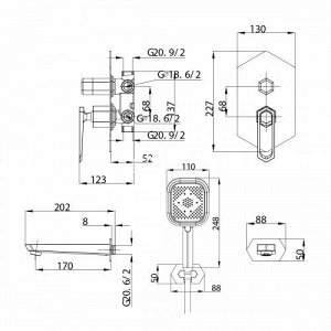 LM3922C "PRIZMA" Смеситель для ванны и душа встраиваемый, с дополнительной 3-функциональной лейкой,