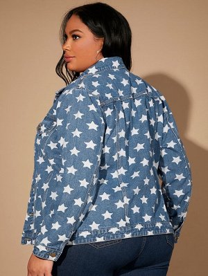 SXY размера плюс Джинсовая куртка с узором звезды с карманом