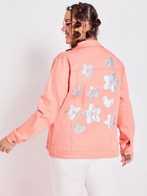 Джинсовая куртка размера плюс с цветочным принтом и вышивкой сердца и карманом
