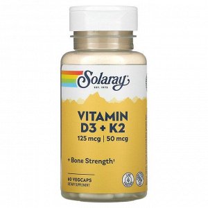 Solaray, витамины D3 и K2, без сои, 125 мкг (5000 МЕ), 60 растительных капсул