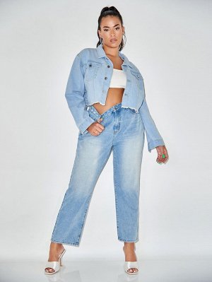 RECYCLED DENIM размера плюс Джинсовая куртка на пуговицах необработанной отделкой ушко со шнурком