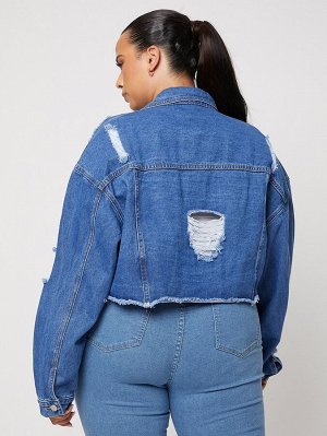 RECYCLED DENIM Рваная джинсовая куртка с необработанной отделкой размера плюс