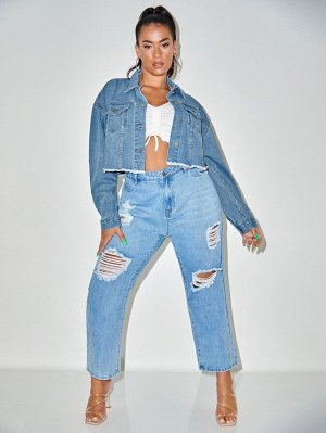 RECYCLED DENIM размера плюс Джинсовая куртка на пуговицах необработанной отделкой