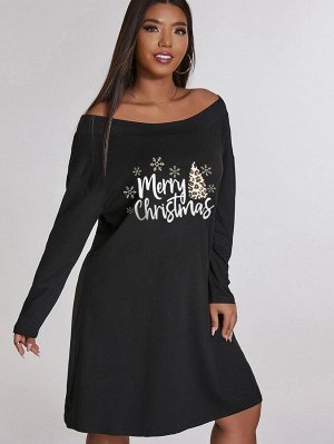 Платье-футболка с рождественским принтом с открытыми плечами размера плюс