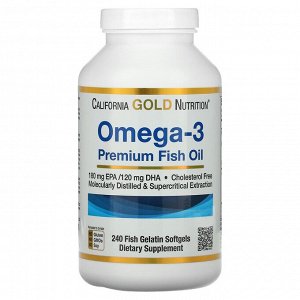 California Gold Nutrition, омега-3, рыбий жир премиального качества, 180 мг ЭПК / 120 мг ДГК, 240 капсул из рыбьего желатина