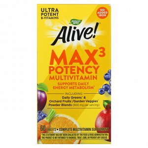 Nature's Way, Alive! Max3 Potency, мультивитамины повышенной эффективности, без добавления железа, 60 таблеток