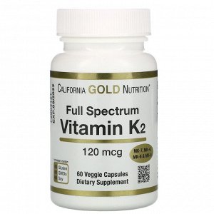 California Gold Nutrition, витамин K (MK-4, MK-6, MK-7, MK-9), 120 мкг, 60 растительных капсул