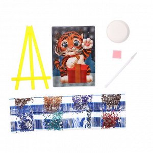Алмазная мозаика для детей «Тигрёнок» + ёмкость, стержень с клеевой подушечкой