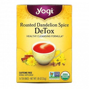 Yogi Tea, Detox, вкус жареного одуванчика и специй, без кофеина, 16 чайных пакетиков, 24 г (0,85 унции)