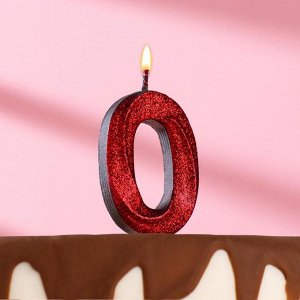 Свеча в торт "Грань", цифра 0, черная с красным блестками