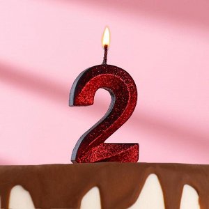 Свеча в торт "Грань", цифра 2, черная с красным блестками