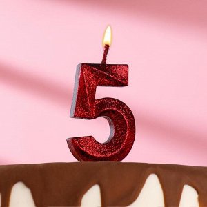 Свеча в торт "Грань", цифра 5, черная с красным блестками